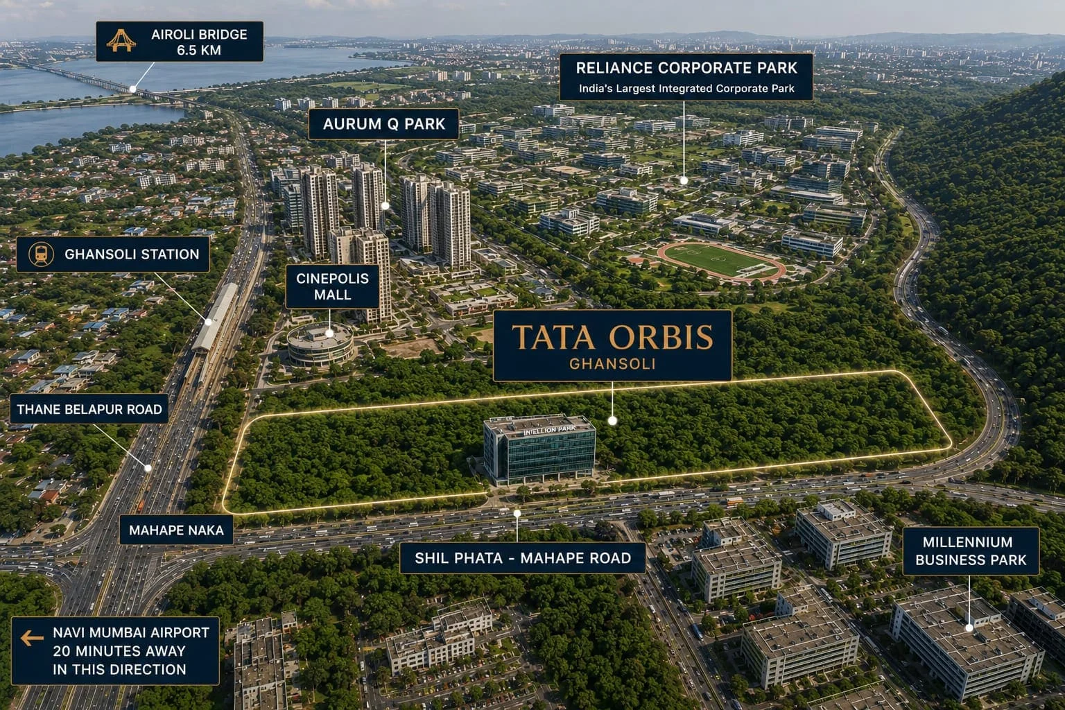 Tata Orbis Ghansoli location — aerial view with landmarks